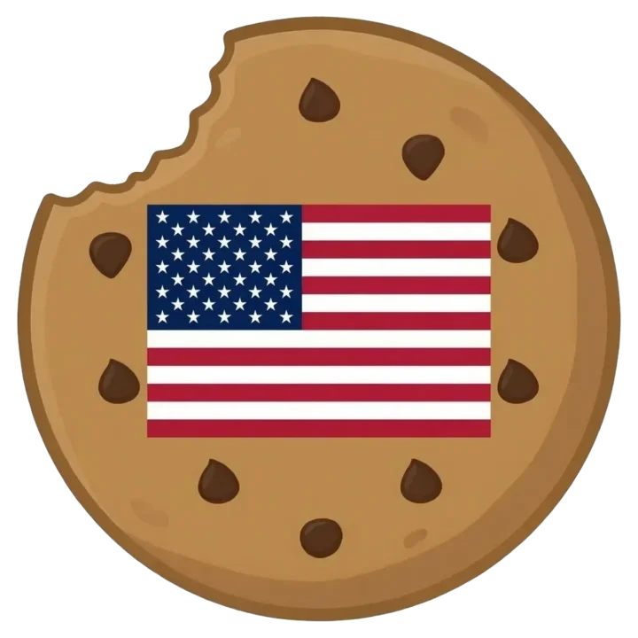 iQ Cookie logo: chocolate chip cookie with a bite mark and US flag center