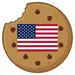 iQ Cookie logo: chocolate chip cookie with a bite mark and US flag center
