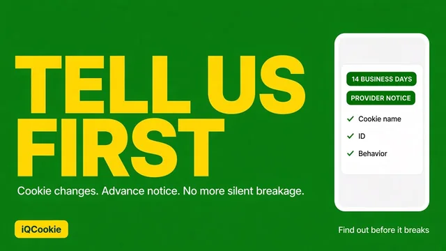 Tell Us First: iQCookie advance cookie-change notice, with 14 business days' provider notice covering cookie name, ID, and behavior changes.